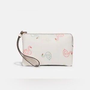 Coach Corner Zip Wristlet With Swan Print C8380